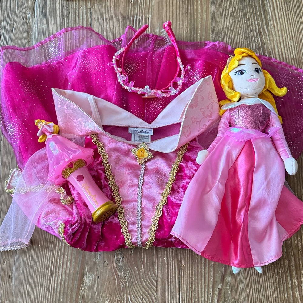 Disney Parks XXS pink Sleeping Beauty Princess Dress Costume/crown/plush/wand